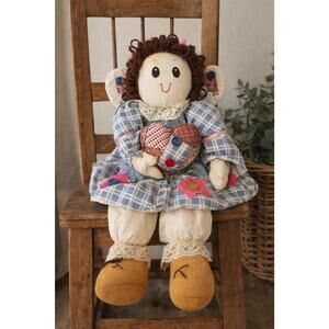 Vintage Handmade Rag Doll Primitive Country Cloth Doll Yarn Hair Heart Dress 16”